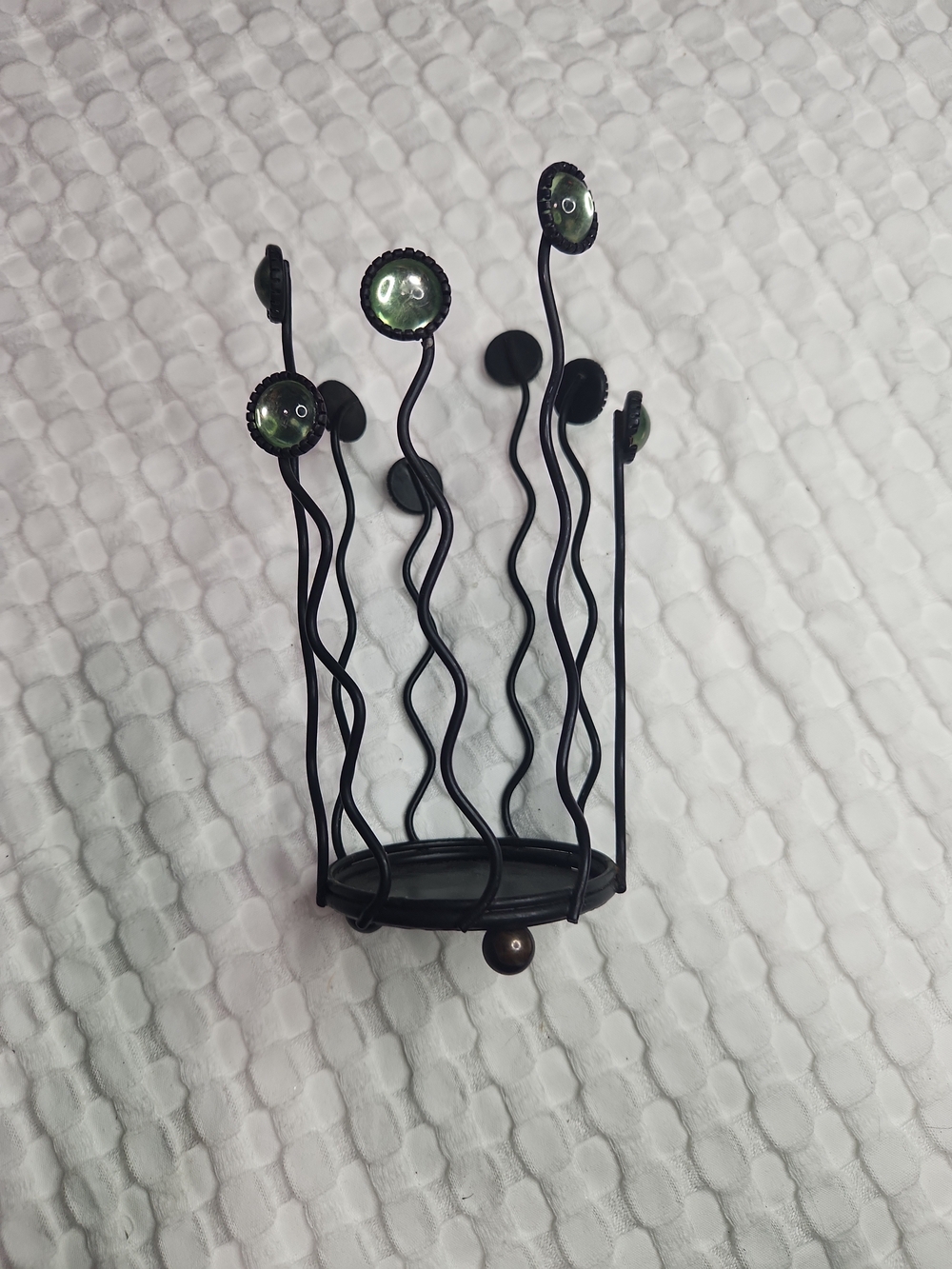 Wavy Black Metal Candle Holder with Green Glass Accents
